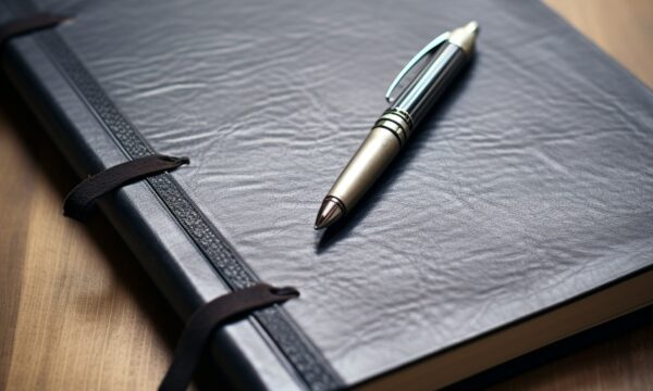 Black Leather Notebook with Metallic Pen on Wooden Surface Black Leather Notebook with Metallic Pen on Wooden Surface